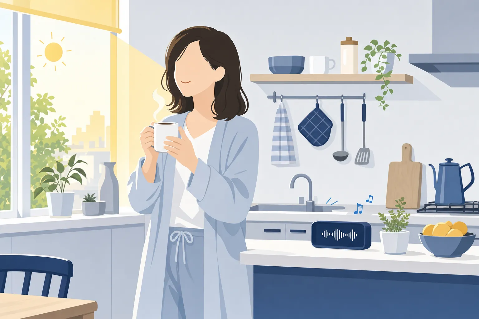 朝のキッチンでラジオを聞きながらコーヒーを飲む女性のほっとした表情