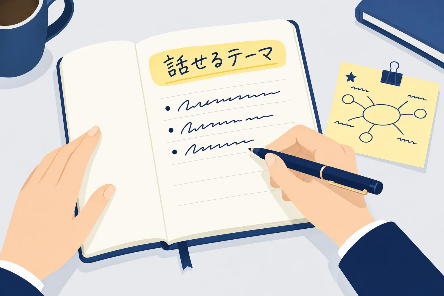 ノートに「話せるテーマ」を書き出してリストにしている手元