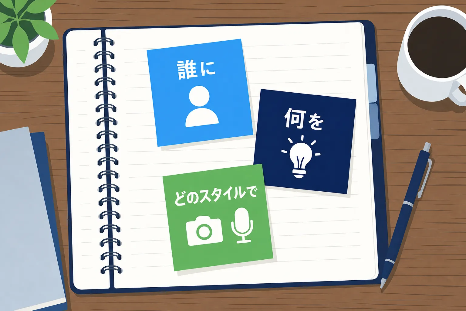 「誰に」「何を」「どのスタイルで」と書かれた3枚の付箋がノートに貼られた様子