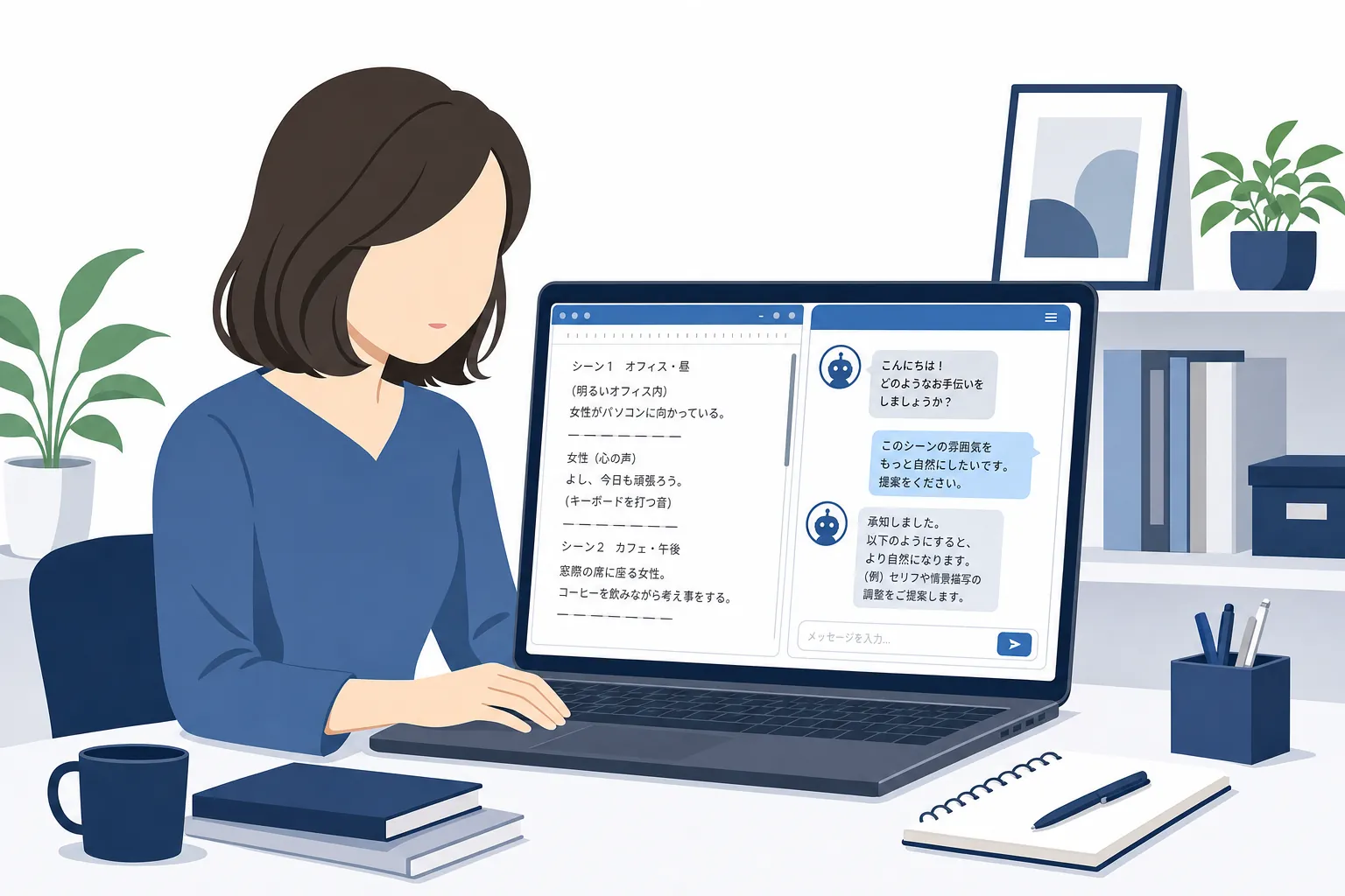 パソコンで台本を書きながら、横にAIチャット画面を開いている作業風景