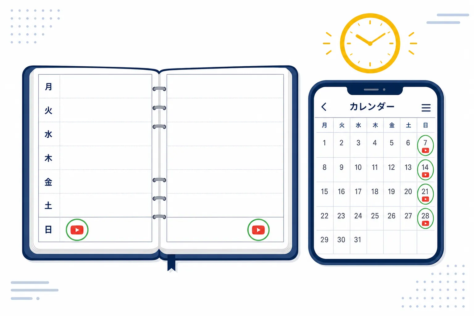 週1回の投稿予定に丸がついた手帳とスマホのカレンダー