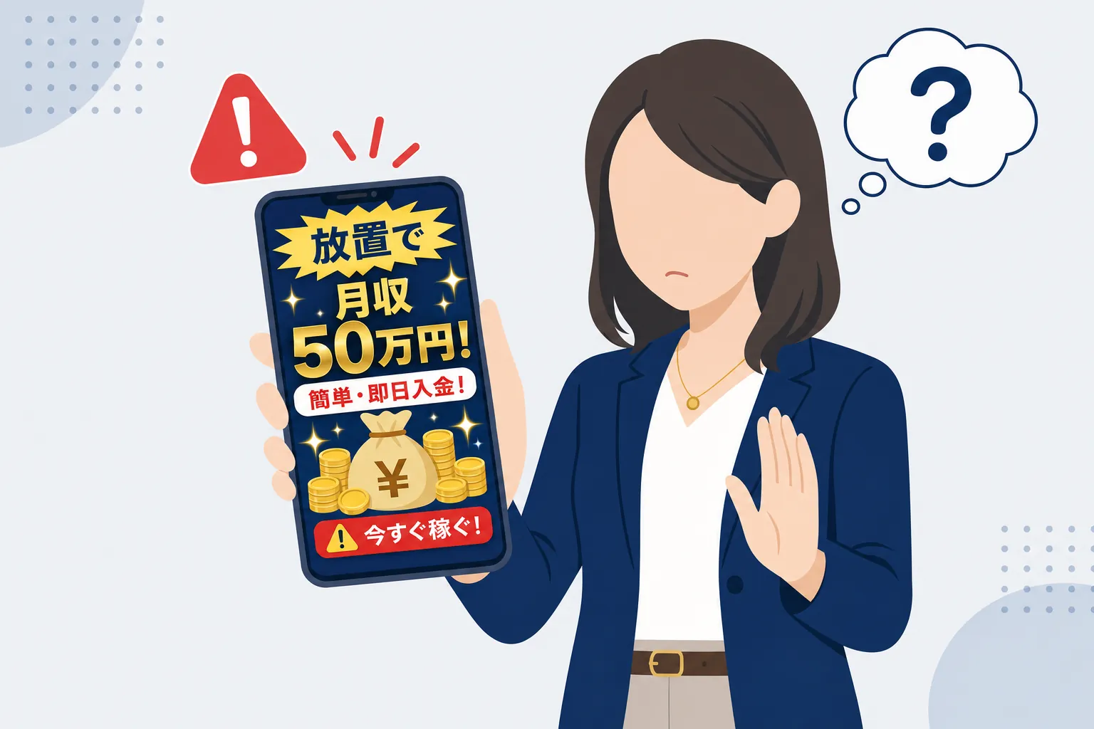 スマホに届いた「放置で月収◯万円」という怪しい広告を前に、手を止めて考える女性