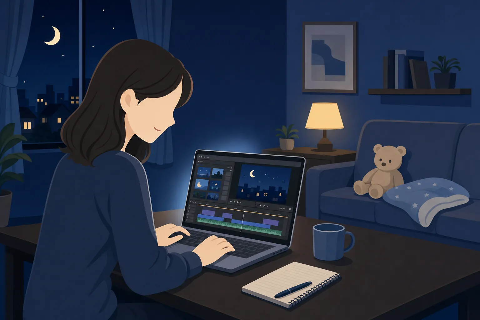 子どもが寝たあとの静かなリビングで、ノートパソコンに向かって編集する女性